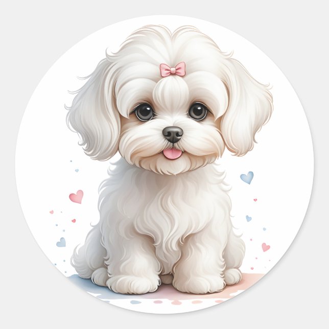 Pegatina Redonda Cachorro maltés con arco rosado (Anverso)