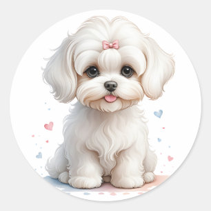 Pegatina Redonda Cachorro maltés con arco rosado