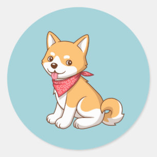 Pegatina Redonda Cachorro Shiba Inu lindo en azul