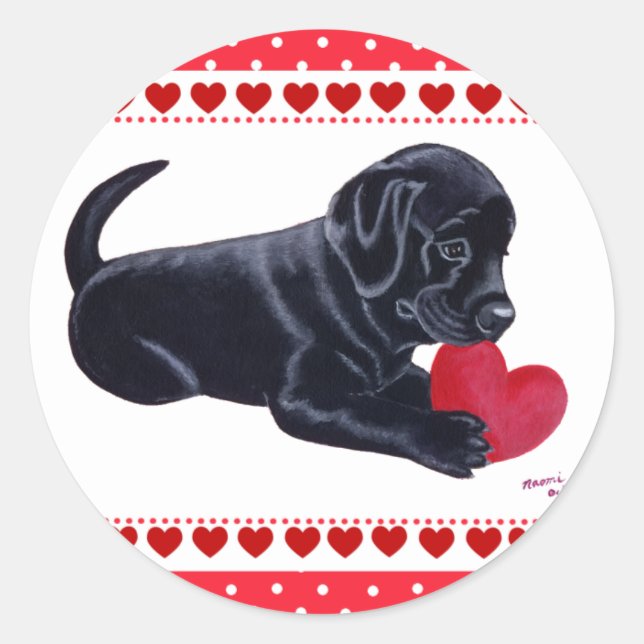 Pegatina Redonda Cachorro y corazón del labrador negro (Anverso)