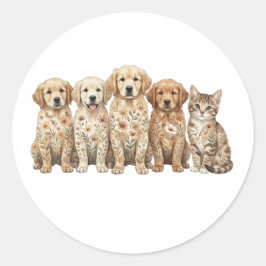 Pegatina Redonda Cachorros adorables de Golden Retriever y gatito