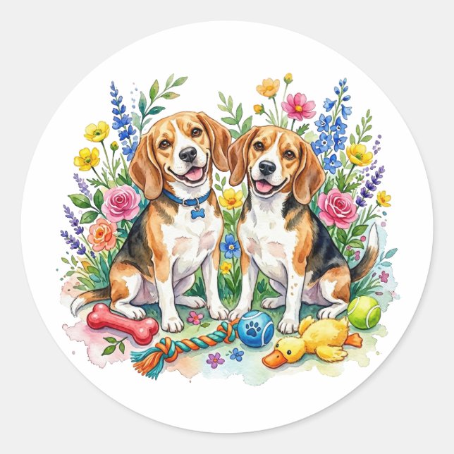 Pegatina Redonda Cachorros Beagles Adorables en Acuarela (Anverso)