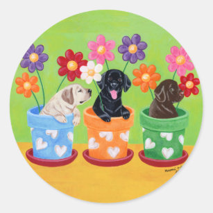 Pegatina Redonda Cachorros de Flor Pot Labrador