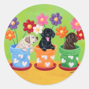 Pegatina Redonda Cachorros de Flor Pot Labrador