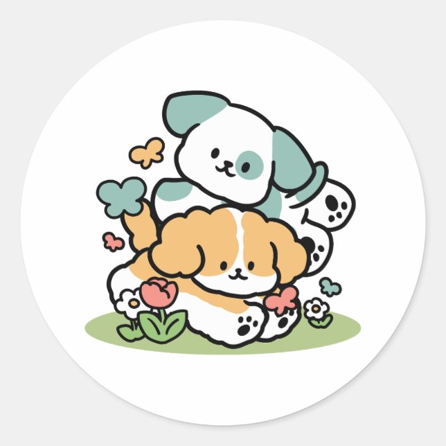 Pegatina Redonda Cachorros felices entrando en mayo - Arte de perro (Anverso)