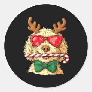 Pegatina Redonda Cachorros Goldendoodle Adorables Luces de Navidad