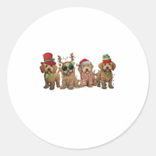 Pegatina Redonda Cachorros Goldendoodle Lindos Luces de Navidad Per
