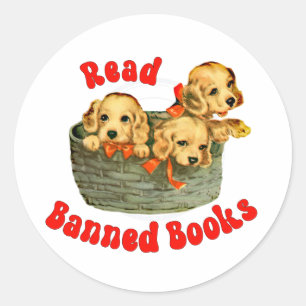 Pegatina Redonda Cachorros Retro Adorables - Leer Libros Prohibidos