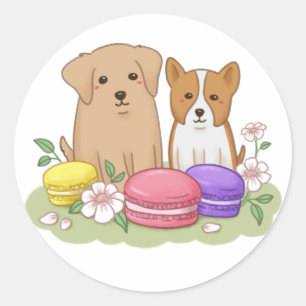 Pegatina Redonda Cachorros y Ilustracion de Macarons