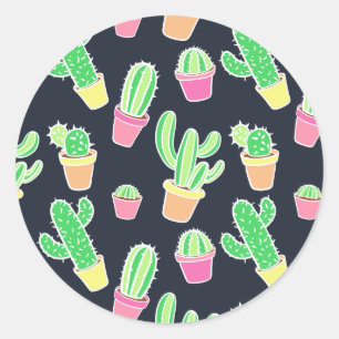 Pegatina Redonda Cacti de color de agua neón en patrón de ollas