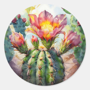 Pegatina Redonda Cactus acuarela con flores del desierto vibrantes