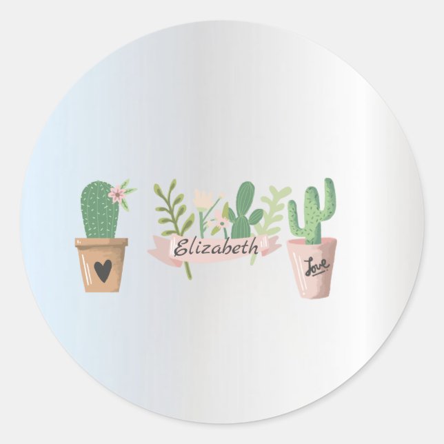 Pegatina Redonda Cactus Adorable, Plata (Anverso)