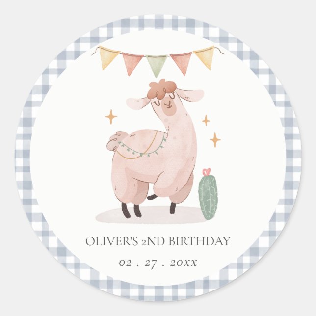 Pegatina Redonda Cactus Boho Llama Cualquier Cumpleaños De La Edad (Anverso)
