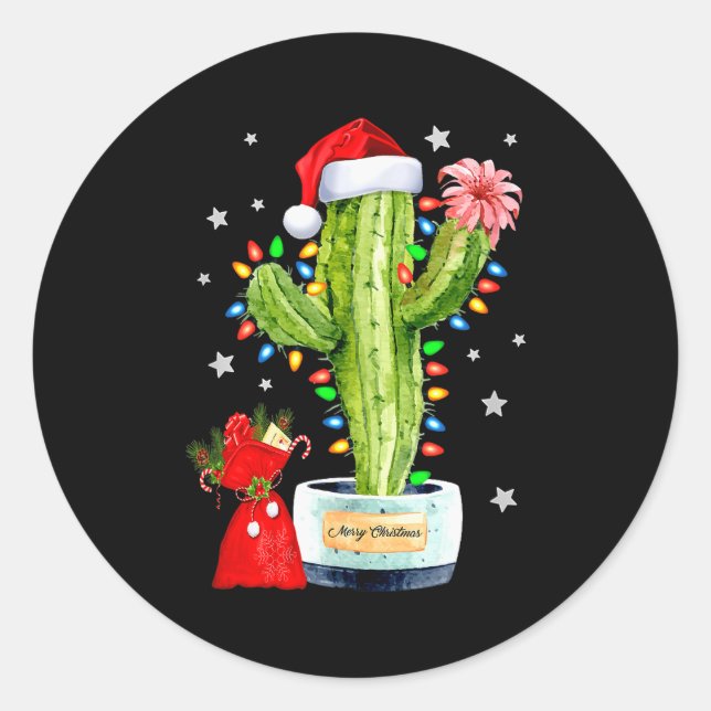 Pegatina Redonda Cactus Christmas Sweater Lights Santa Xmas Plant L (Anverso)