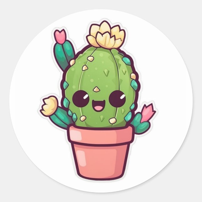 Pegatina Redonda Cactus cute kawaii, suculento (Anverso)