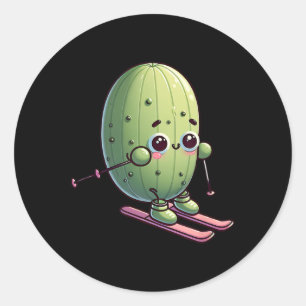 Pegatina Redonda Cactus de esquí lindo alpino nieve kawaii cartoon