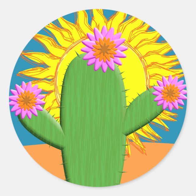 Pegatina Redonda Cactus En Un Día Soleado (Anverso)
