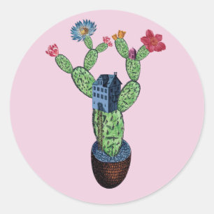 Pegatina Redonda Cactus espinoso con flores