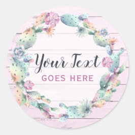 Pegatina Redonda Cactus exitoso acuarela y bohemias de madera rústi