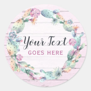 Pegatina Redonda Cactus exitoso acuarela y bohemias de madera rústi