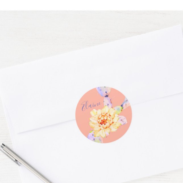 Pegatina Redonda Cactus flor del desierto acuarela melocotón púrpur (Subido por el creador)