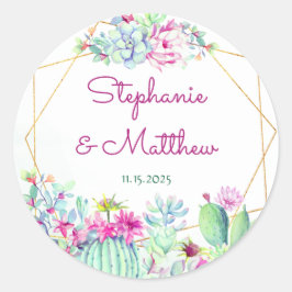 Pegatina Redonda Cactus Geométricas Modernas Suculentas Boda Floral
