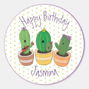 Pegatina Redonda Cactus gracioso trío ilustracion personalizado