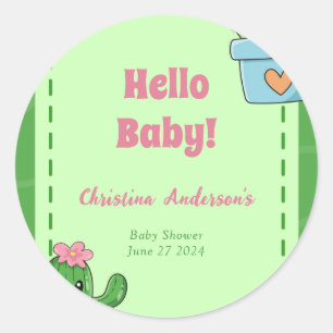 Pegatina Redonda Cactus Hello Baby Shower Green Pink Grass