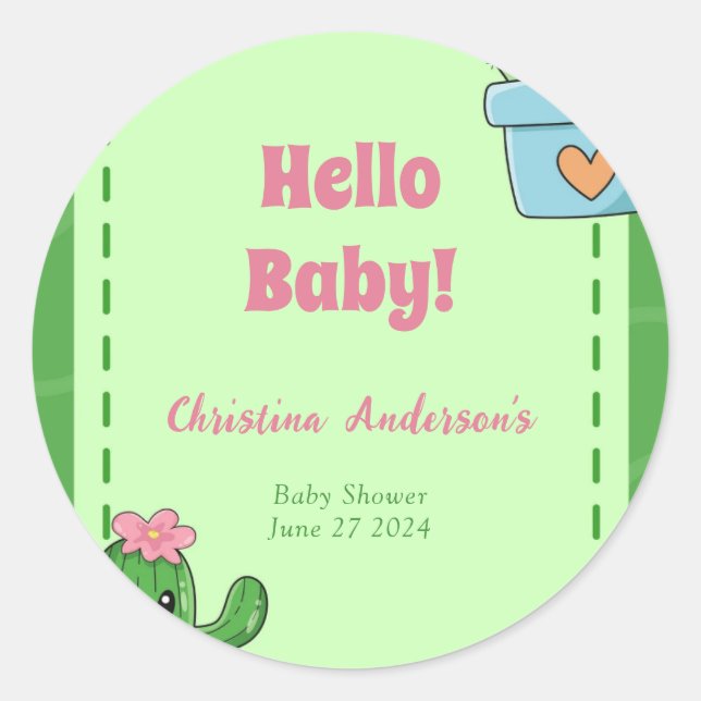 Pegatina Redonda Cactus Hello Baby Shower Green Pink Grass