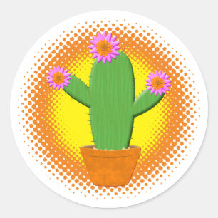 Pegatina Redonda Cactus Personalizado Cuto Con Flores Rosa