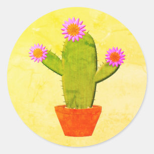 Pegatina Redonda Cactus Personalizado Cuto Con Pintado De Flores Ro