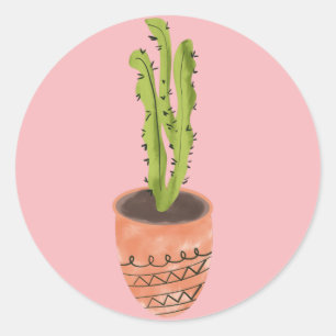 Pegatina Redonda Cactus Planta Terracota Dibujada a Mano Rosa