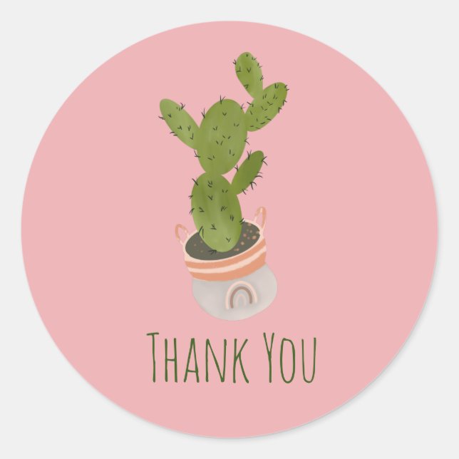 Pegatina Redonda Cactus Plantas Cesto de Arcoíris Dibujado a Mano (Anverso)