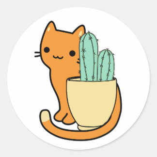 Pegatina Redonda cactus pot y naranja personalizado gato