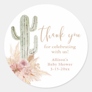 Pegatina Redonda Cactus rosa floral boho niña baby shower agradecim