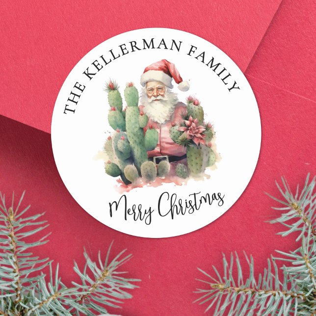 Pegatina Redonda Cactus Santa Navidad (Cactus Santa Merry Christmas Classic Round Sticker)