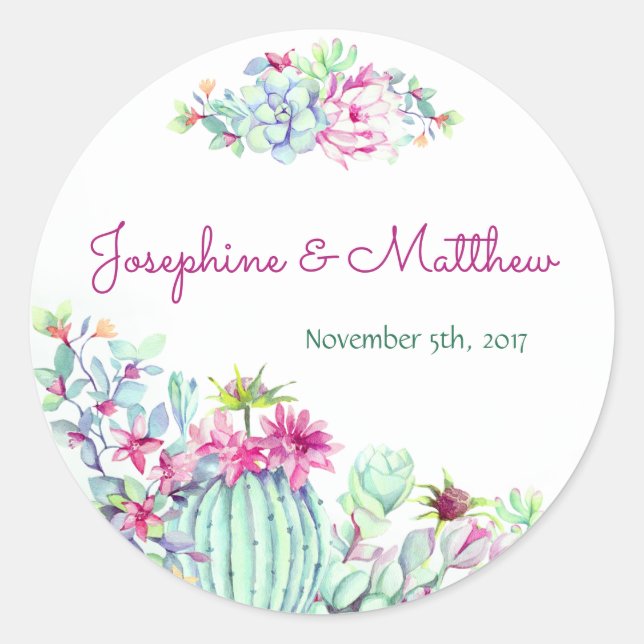 Pegatina Redonda Cactus & Succulent Flowers Wedding Stickers (Anverso)