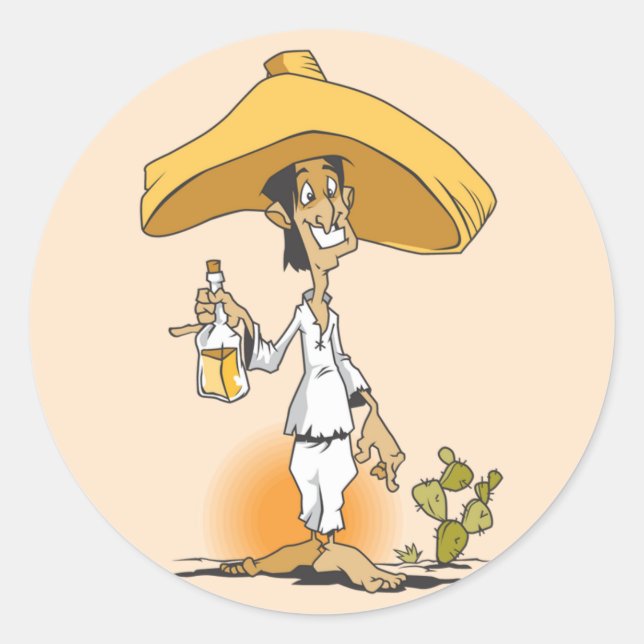 Pegatina Redonda Cactus, Tequila, Hombre Sombrero (Anverso)