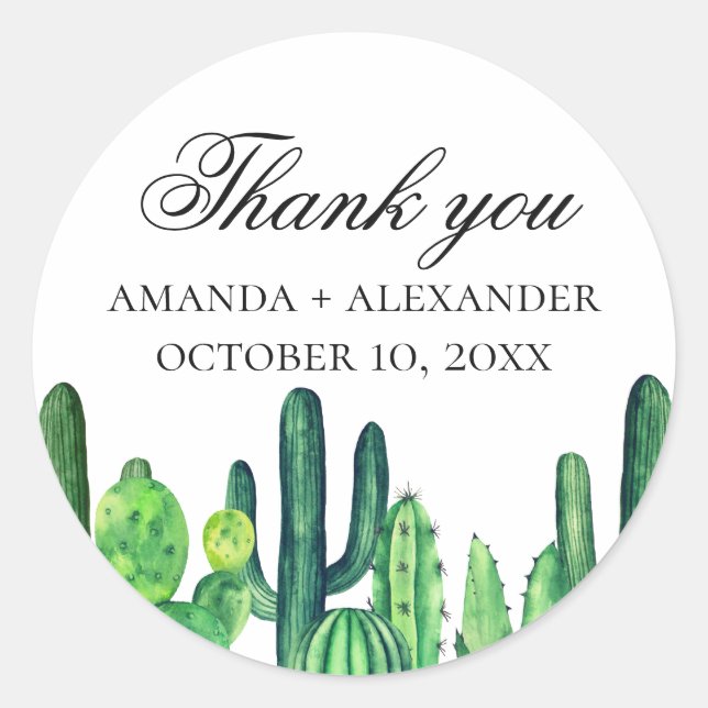 Pegatina Redonda Cactus verde acuarela. Cacti boda gracias (Anverso)