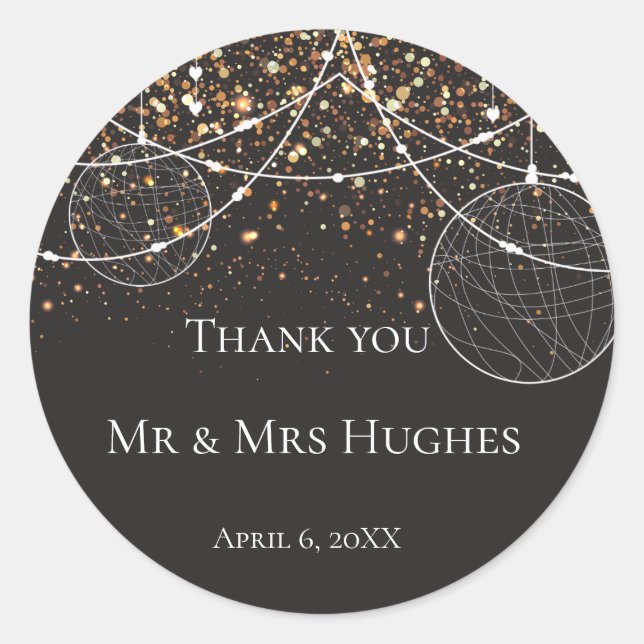 Pegatina Redonda Cadena de luces Confeti de oro Gracias (Anverso)