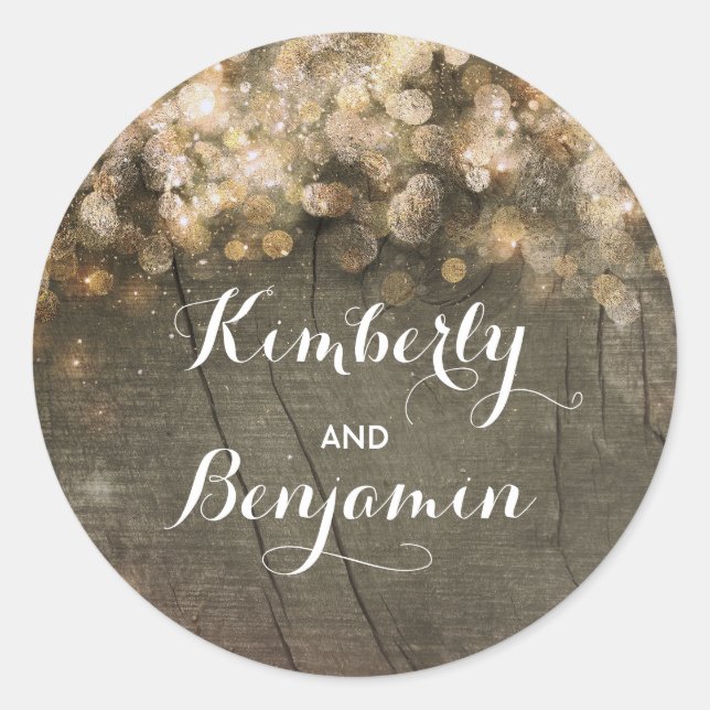 Pegatina Redonda Cadena De Oro De Luces Rústica Boda De Barn (Anverso)