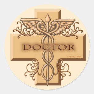 Pegatina Redonda Caduceo cruzado del médico
