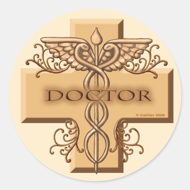 Pegatina Redonda Caduceo cruzado del médico (Anverso)