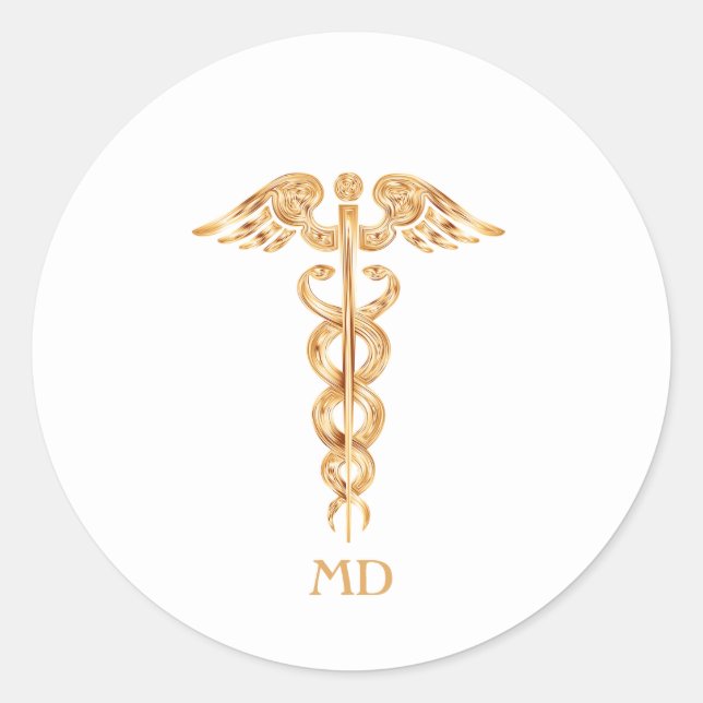 Pegatina Redonda Caduceo de médico dorado (Anverso)