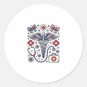 Pegatina Redonda Caduceo Médico Vintage Patriótico Vector De Enferm