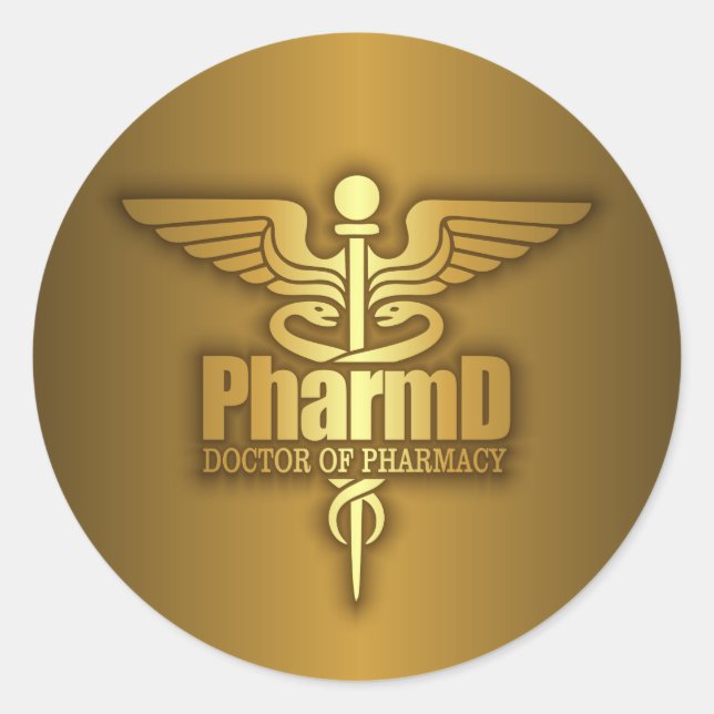 Pegatina Redonda Caduceus de oro (PharmD) (Anverso)