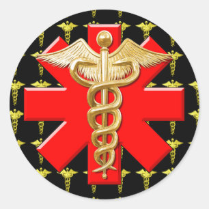 Pegatina Redonda Caducto De Oro Y Cruz Médica