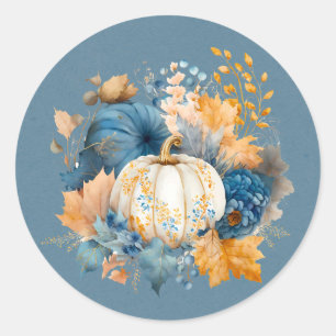Pegatina Redonda Cae azul y Naranja Calabaza Peony Boda