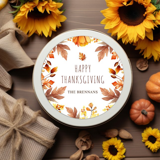 Pegatina Redonda Cae en las hojas de otoño del día de Acción de Gra (Fall Modern Thanksgiving Classic Round Sticker)