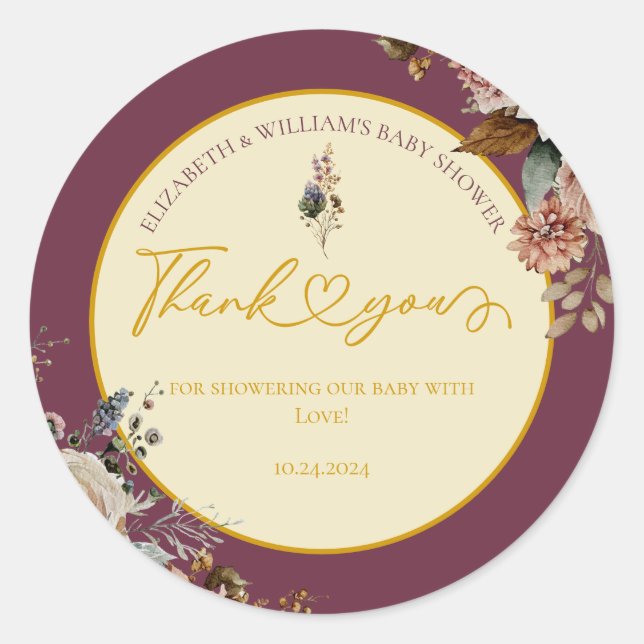 Pegatina Redonda Caer Enamorada Caer Floral Elegante Borgoña (Anverso)